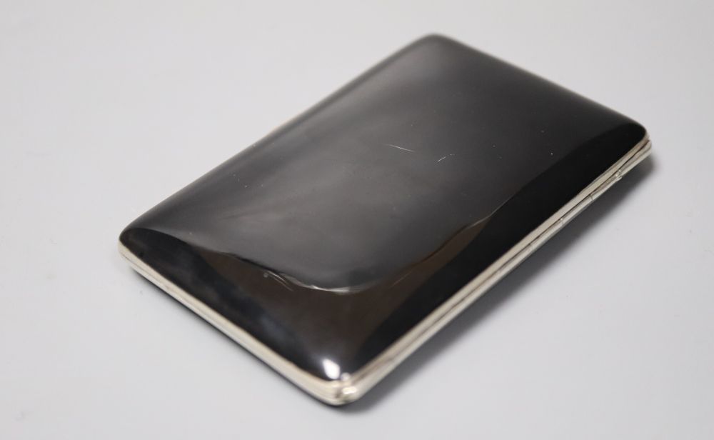 A late 1920s silver, black enamel and marcasite set cigarette case, import marks for George Stockwell, London, 1929, 82mm,